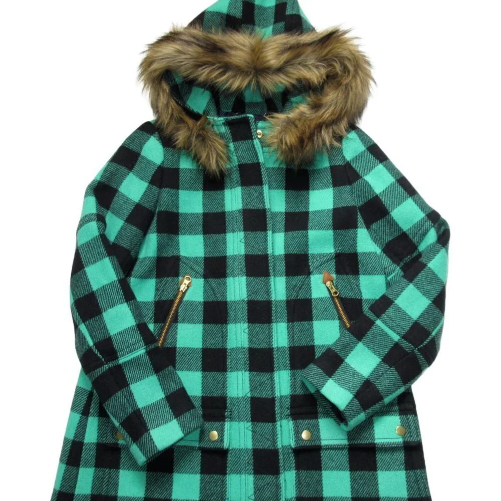 NWT J.Crew Chateau Parka in Black Neon Emerald Buffalo Check Stadium Wool Coat 2